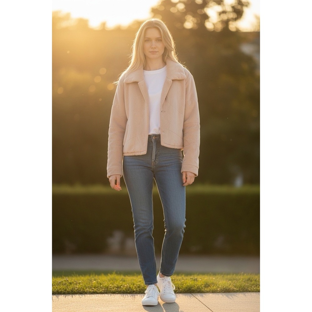 Young Fabulous & Broke YFB Flurry Teddy Plush Quilted Jacket Large Cropped Pink